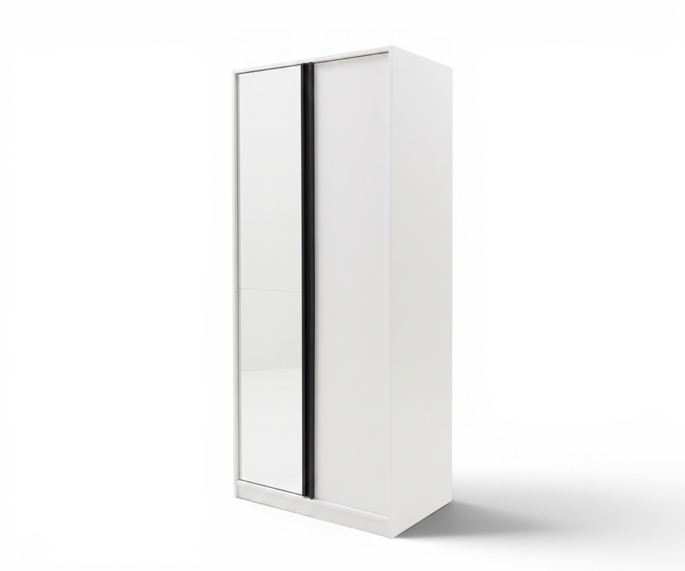 2D03-2 white metal wardrobe in a slatted-wood bedroom beside a dressing table