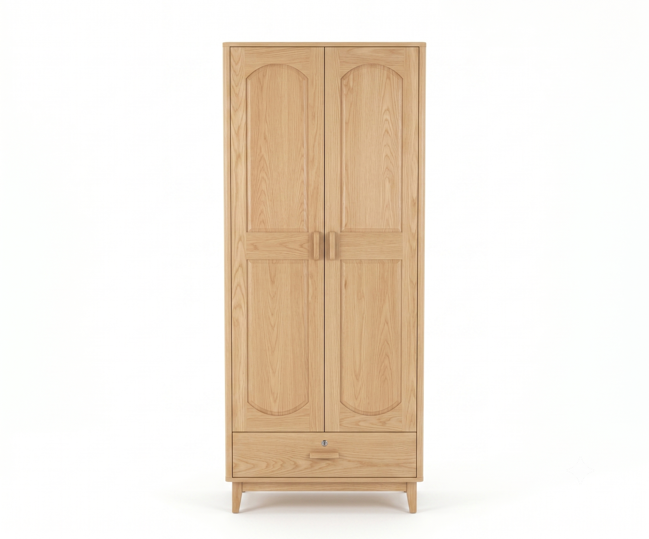 2Door classic wooden wardrobe in a sunlit bedroom beside a fiddle-leaf fig