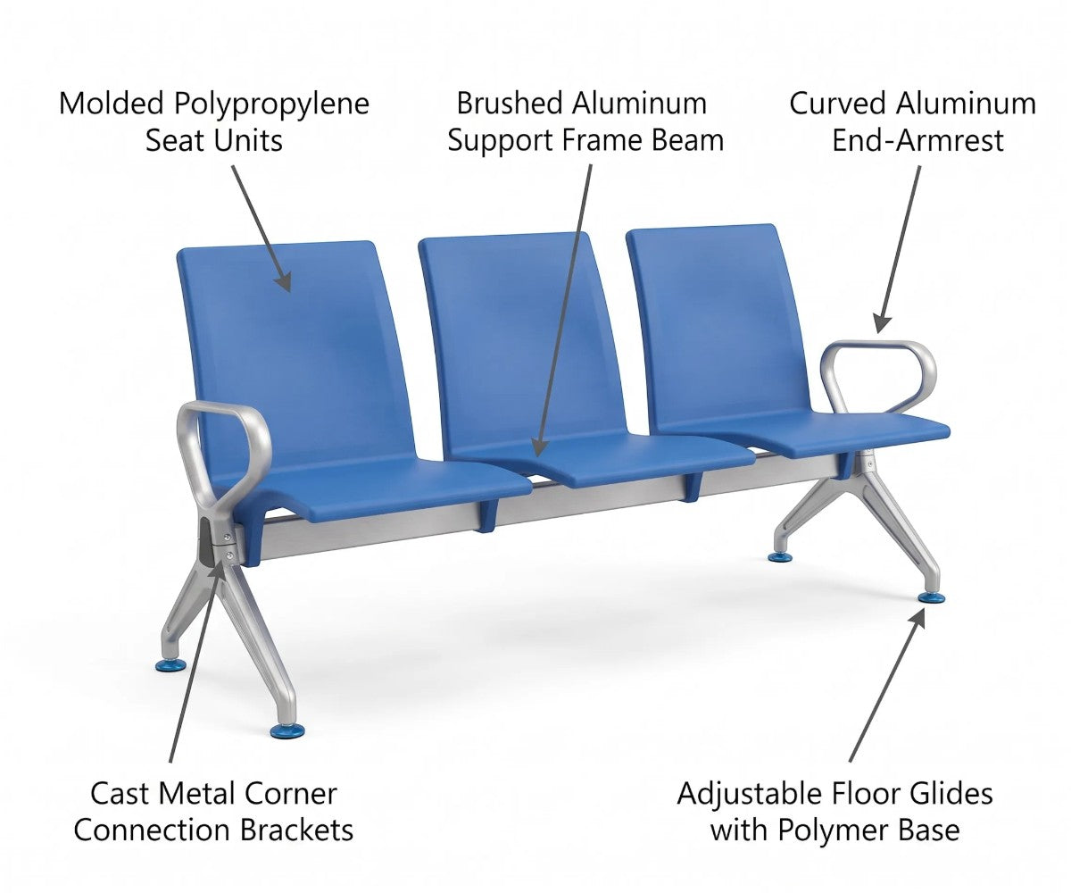 A three-seat waiting room bench with bright blue molded plastic seats and backs and a silver metal frame, shown on a white background with a soft shadow.