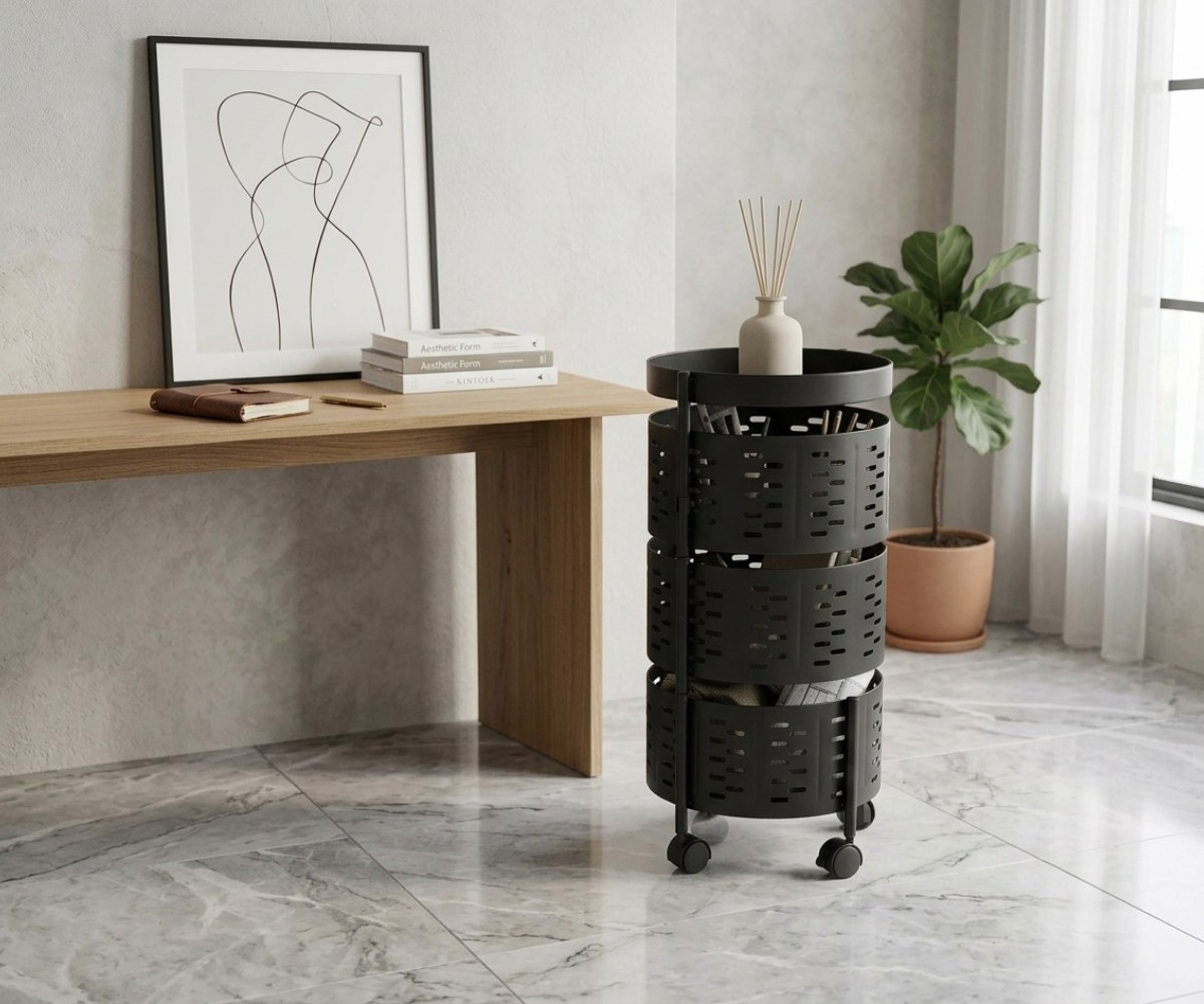 Black 3-tier round rolling storage trolley with perforated metal baskets and tray top