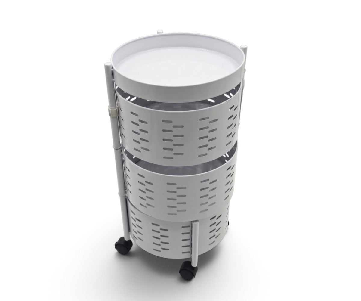 Compact round white storage cart with rotating perforated tiers and removable round serving tray