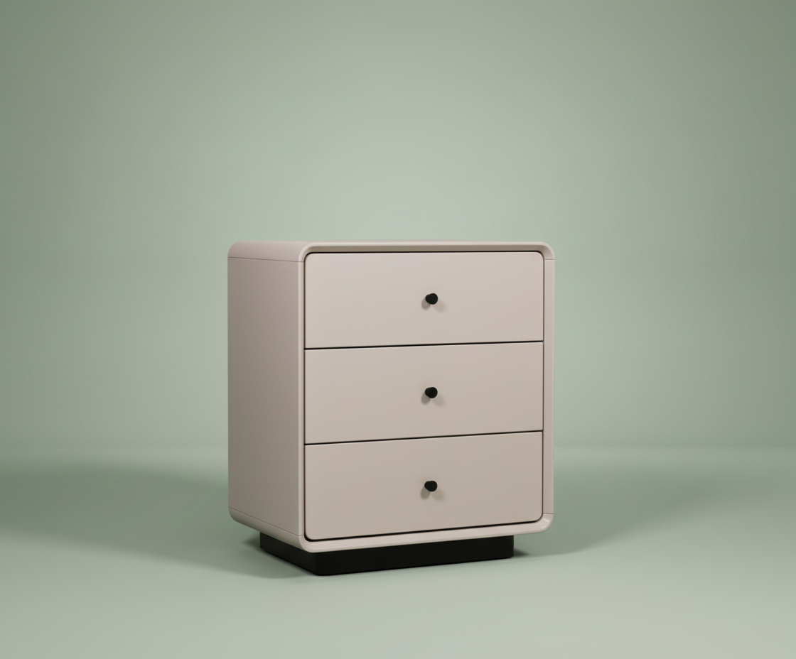305# modern white nightstand, front view of three drawers on a black plinth