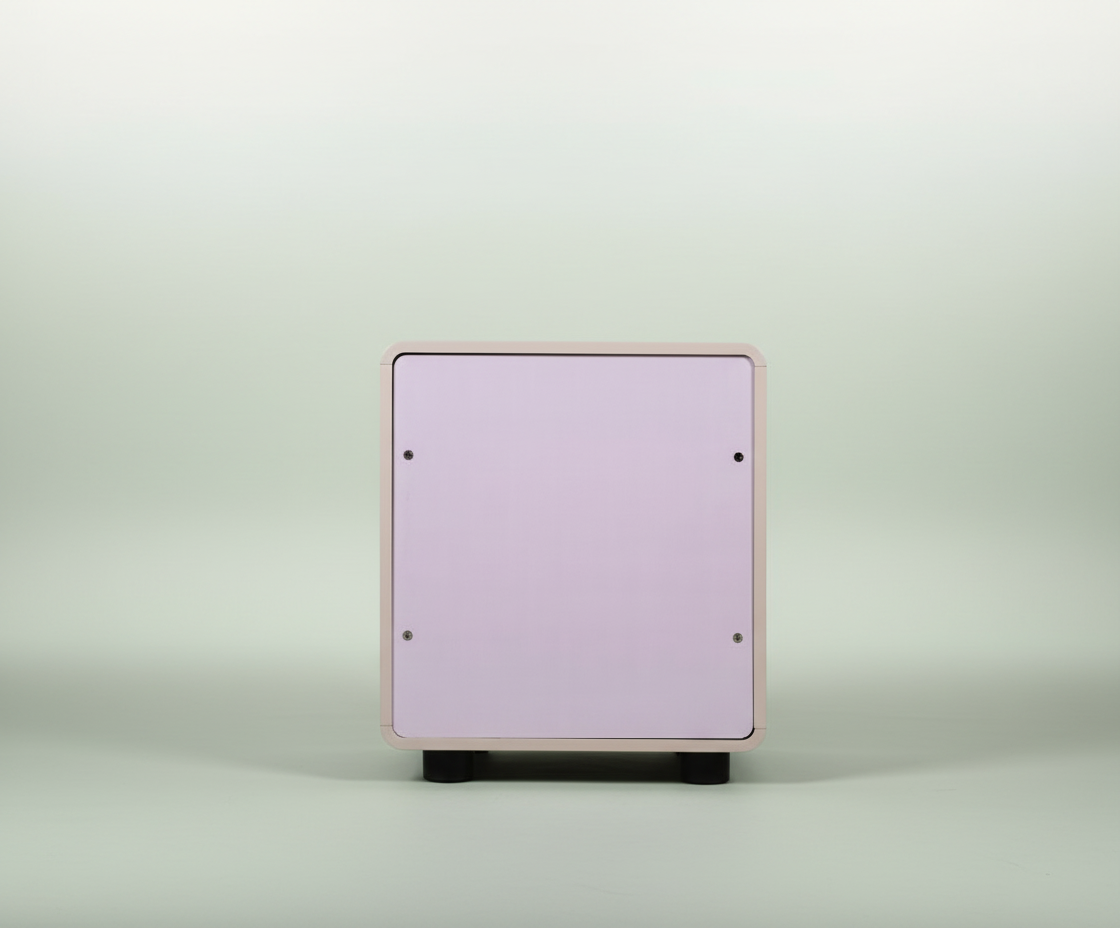 305# modern white nightstand, front view of three drawers on a black plinth
