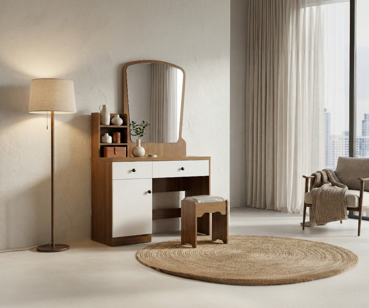 307-0.8 walnut white vanity in a warm bedroom beside a floor lamp and rug