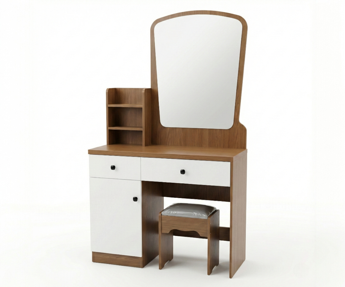 307-0.8 walnut white vanity in a warm bedroom beside a floor lamp and rug