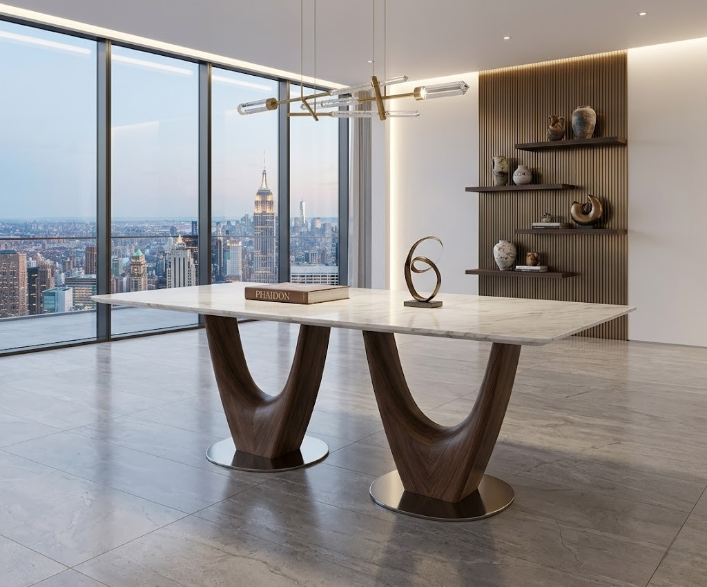 310/ONYX dining table in a city-view dining room with open shelving