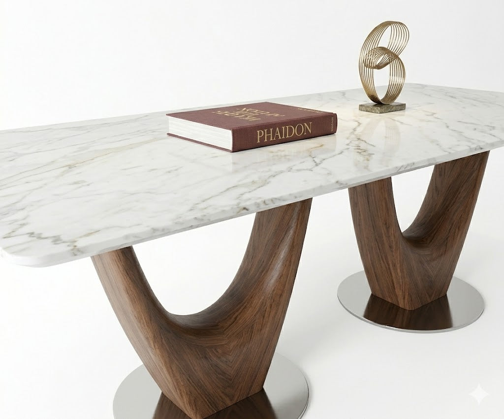 310/ONYX dining table in a city-view dining room with open shelving