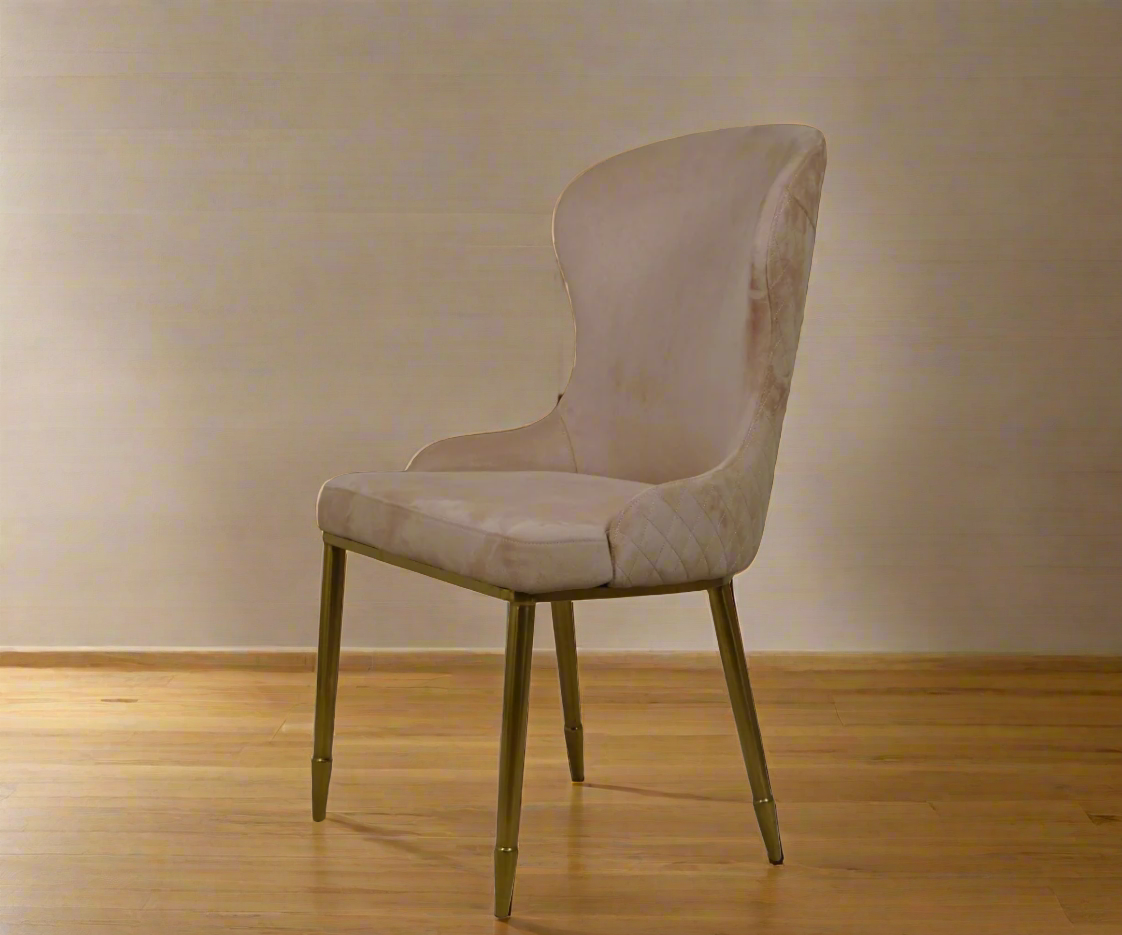 316 designer dining chair, angled view on slim brass legs