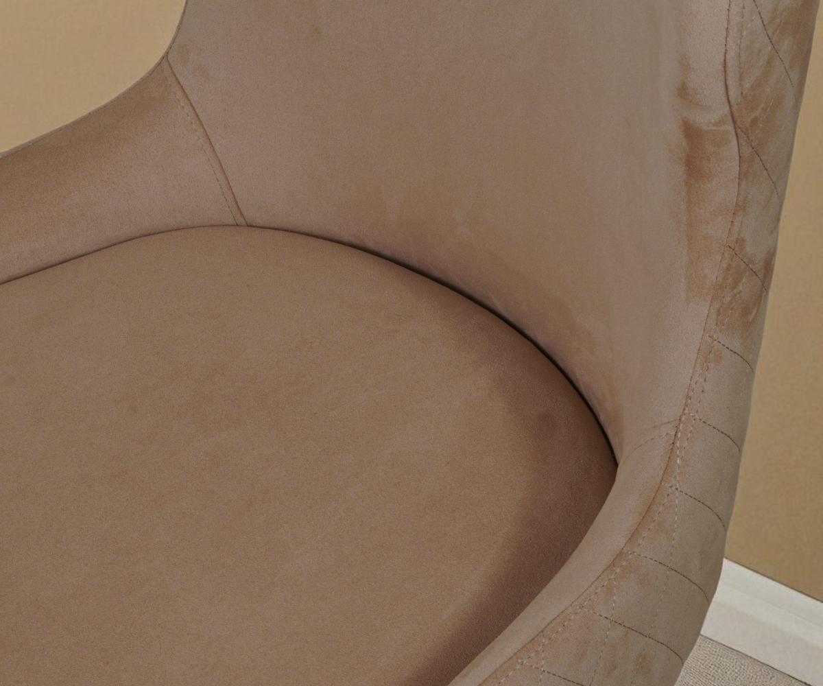 316 designer dining chair, angled view on slim brass legs