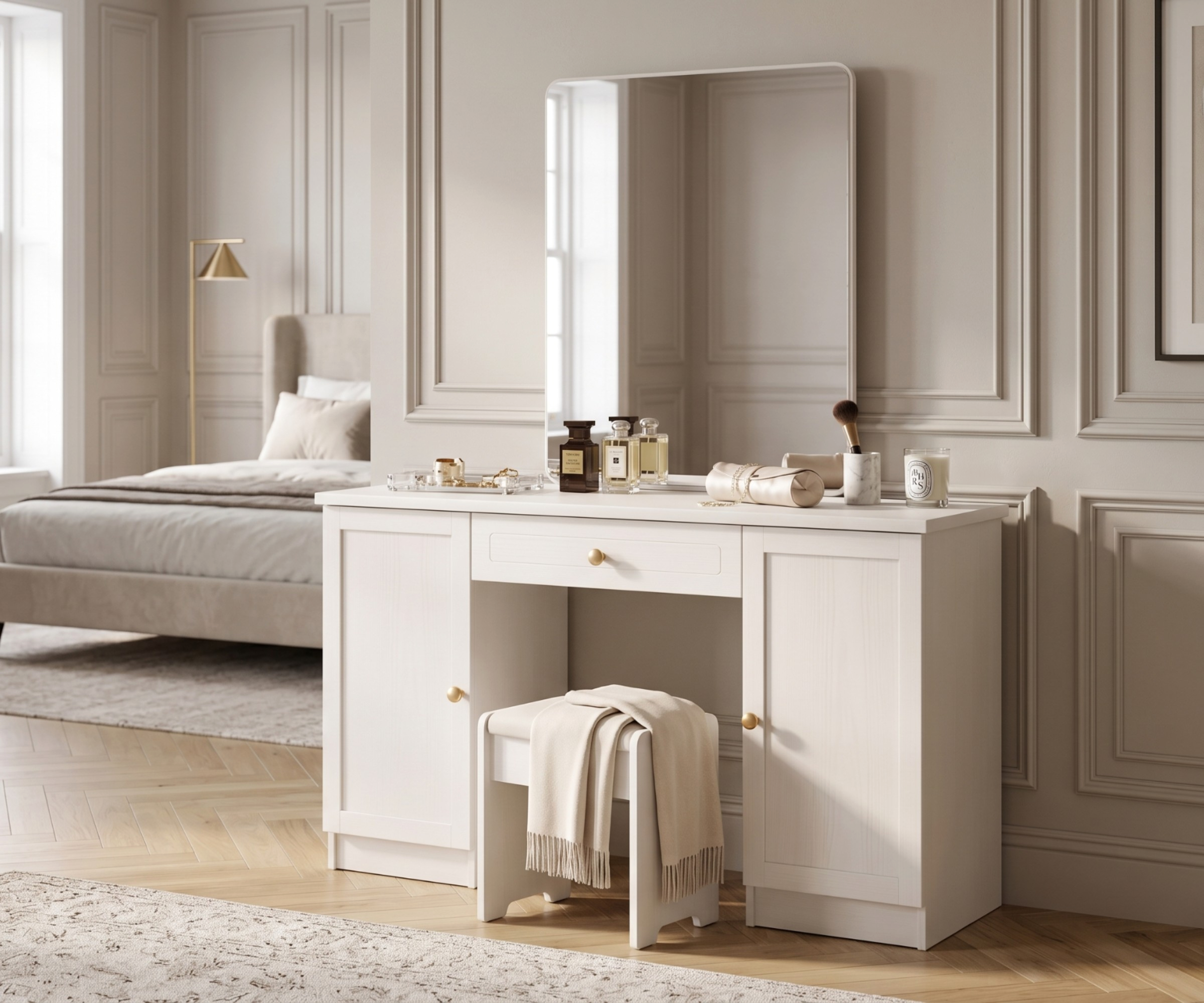 3361 classic bedroom dresser in a panelled bedroom with perfume and a throw