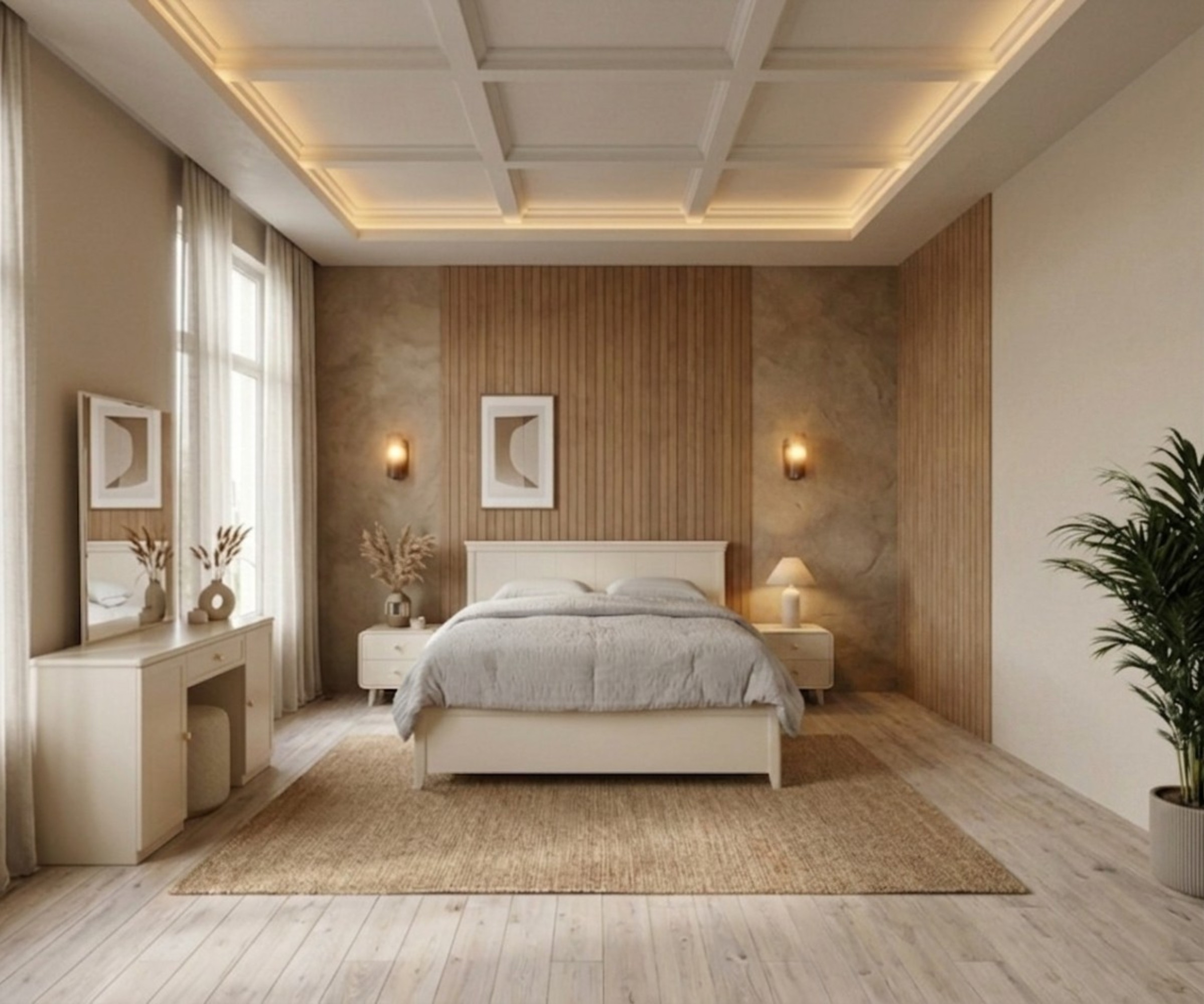 3361 off-white 5-piece bedroom set staged in a warm wood-panelled room