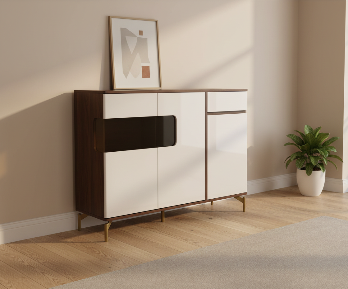 395 walnut ivory cabinet beneath framed art on brass legs