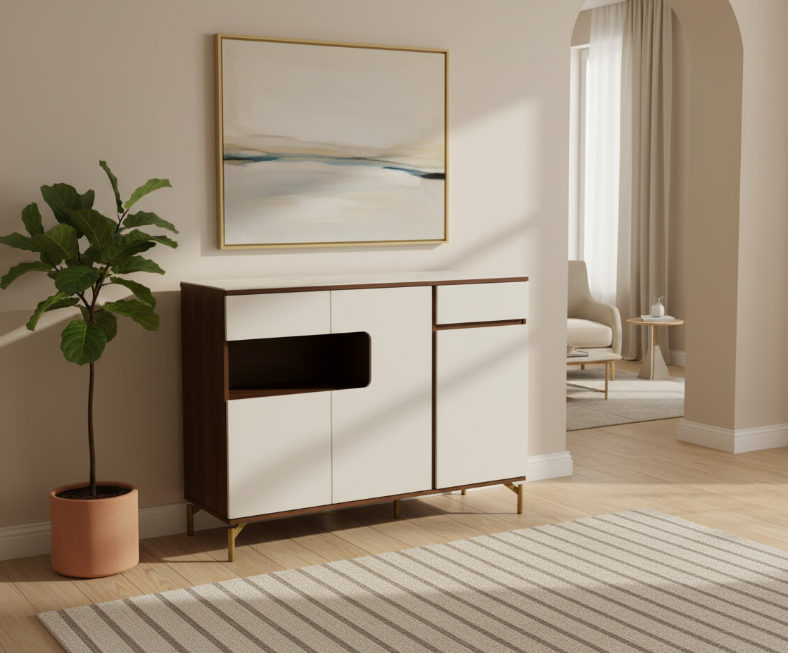 395 walnut ivory cabinet beneath framed art on brass legs