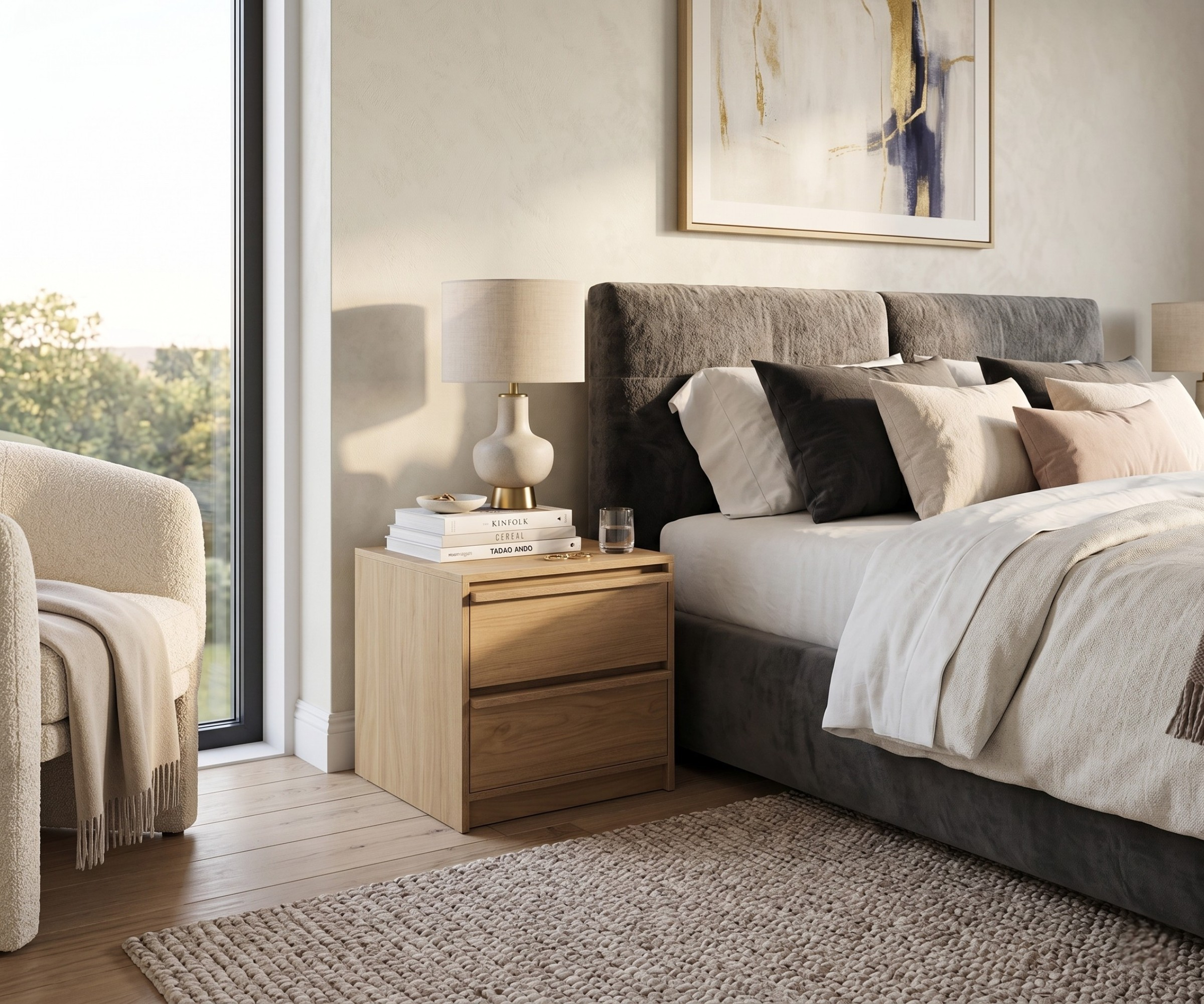 3D04-N minimalist wooden nightstand in a grey bedroom beside a tall window