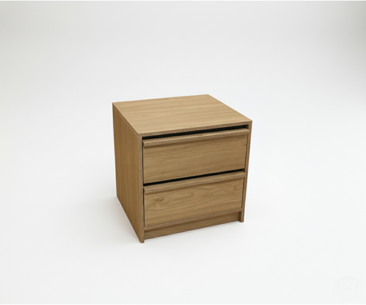 3D04-N minimalist wooden nightstand in a grey bedroom beside a tall window