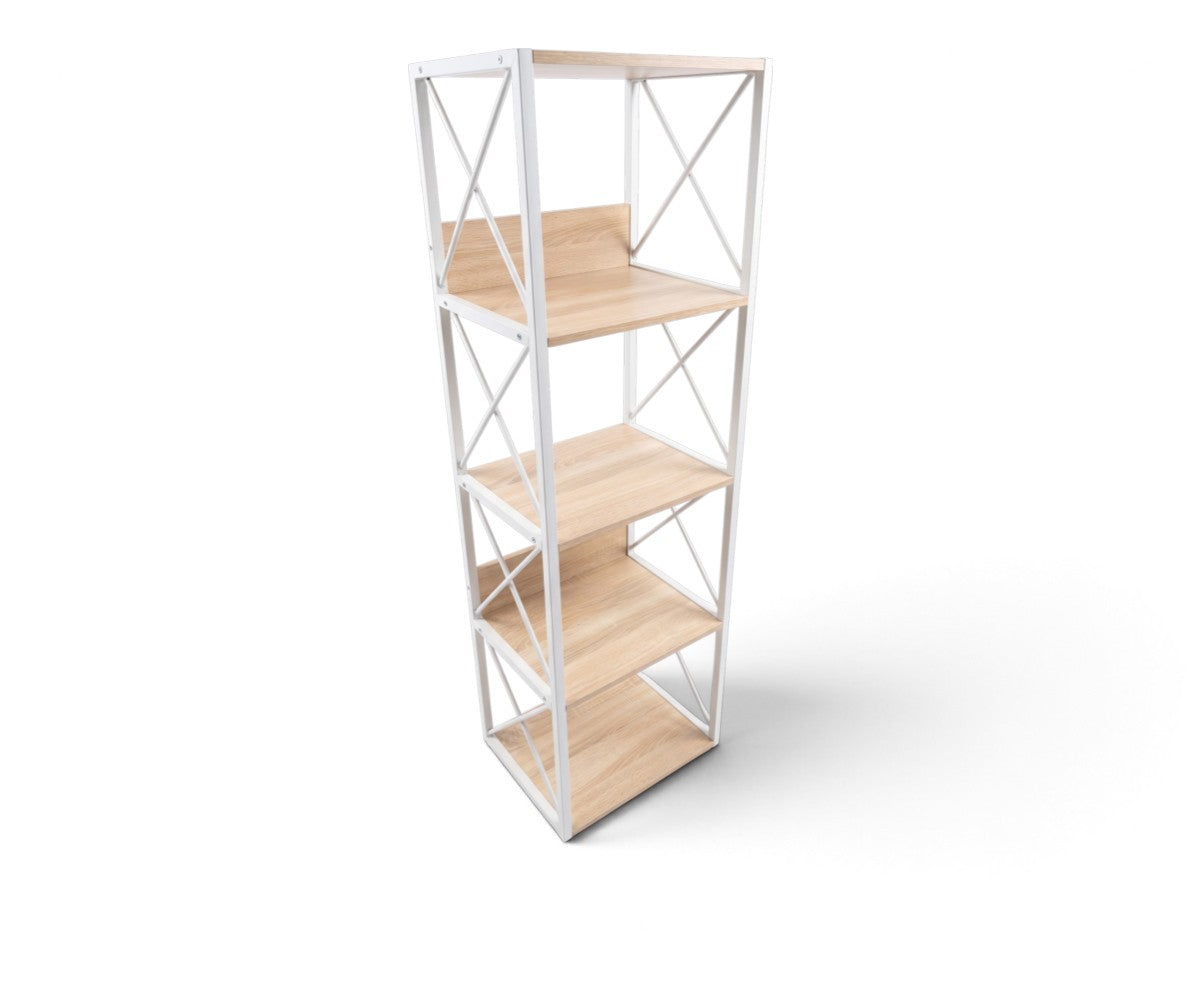 Four-tier bookshelf with white powder-coated steel frame and light oak shelves