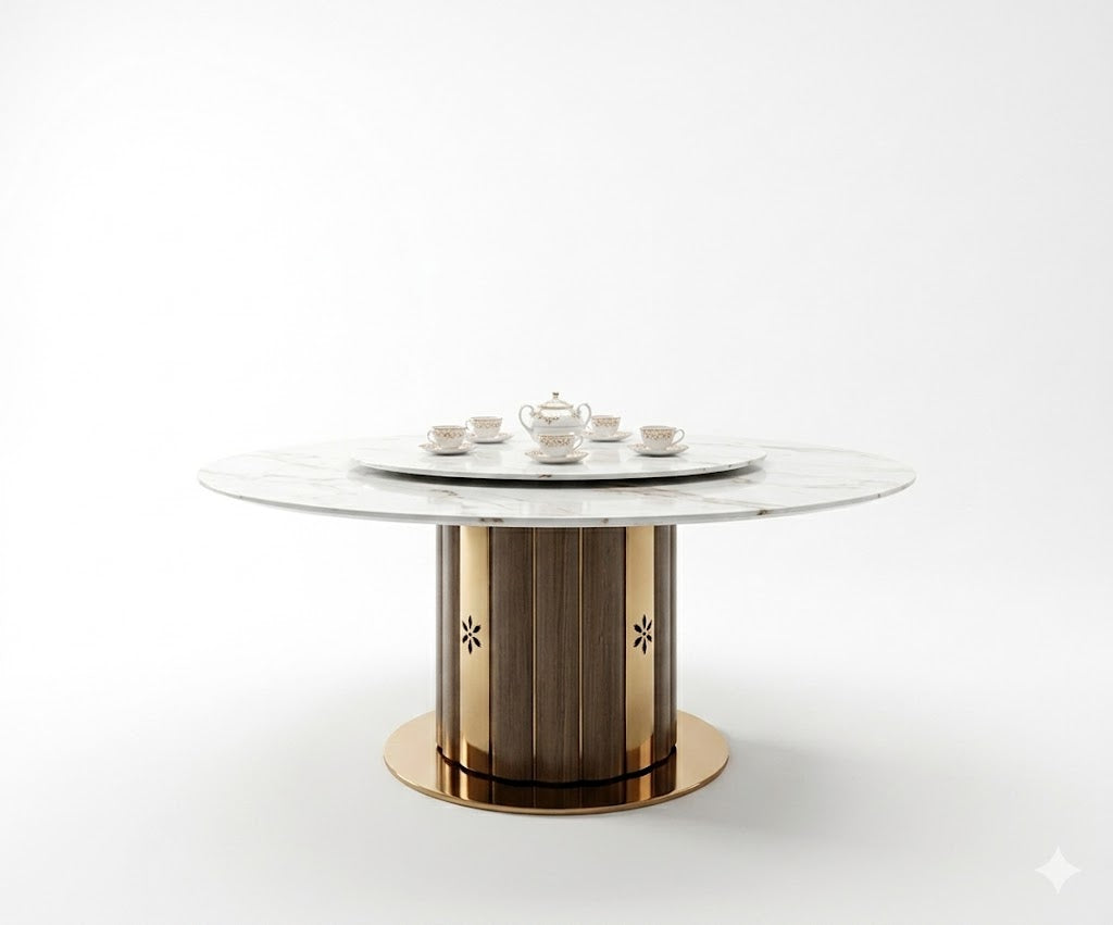 52/8-03 dining table in a bright dining room beside a garden window