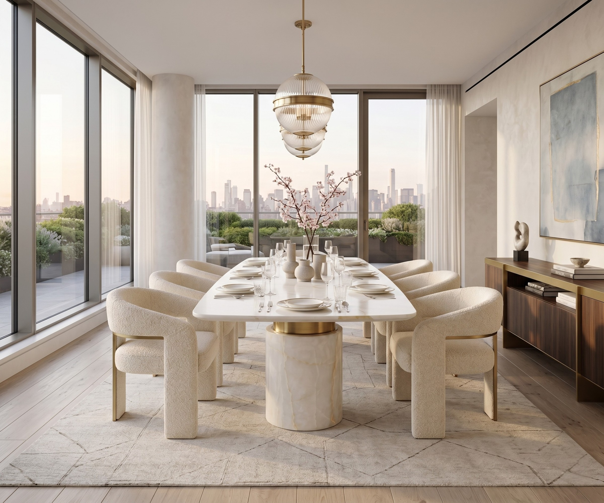 5614-1 dining table in a penthouse dining room with a globe chandelier