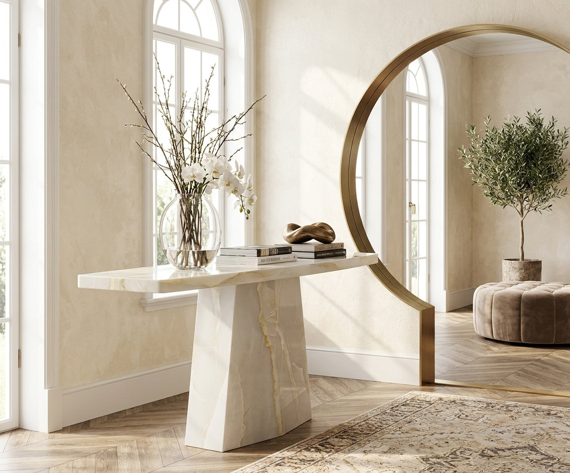 5614-1 white pedestal console beneath a round mirror in a bright hallway