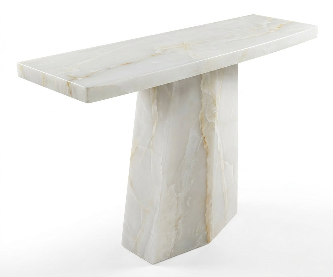 5614-1 white pedestal console beneath a round mirror in a bright hallway