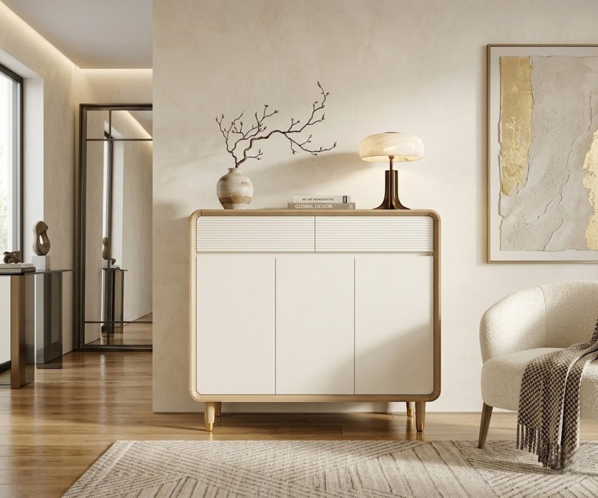 #572 white minimalist cabinet in a warm-lit hallway with a table lamp
