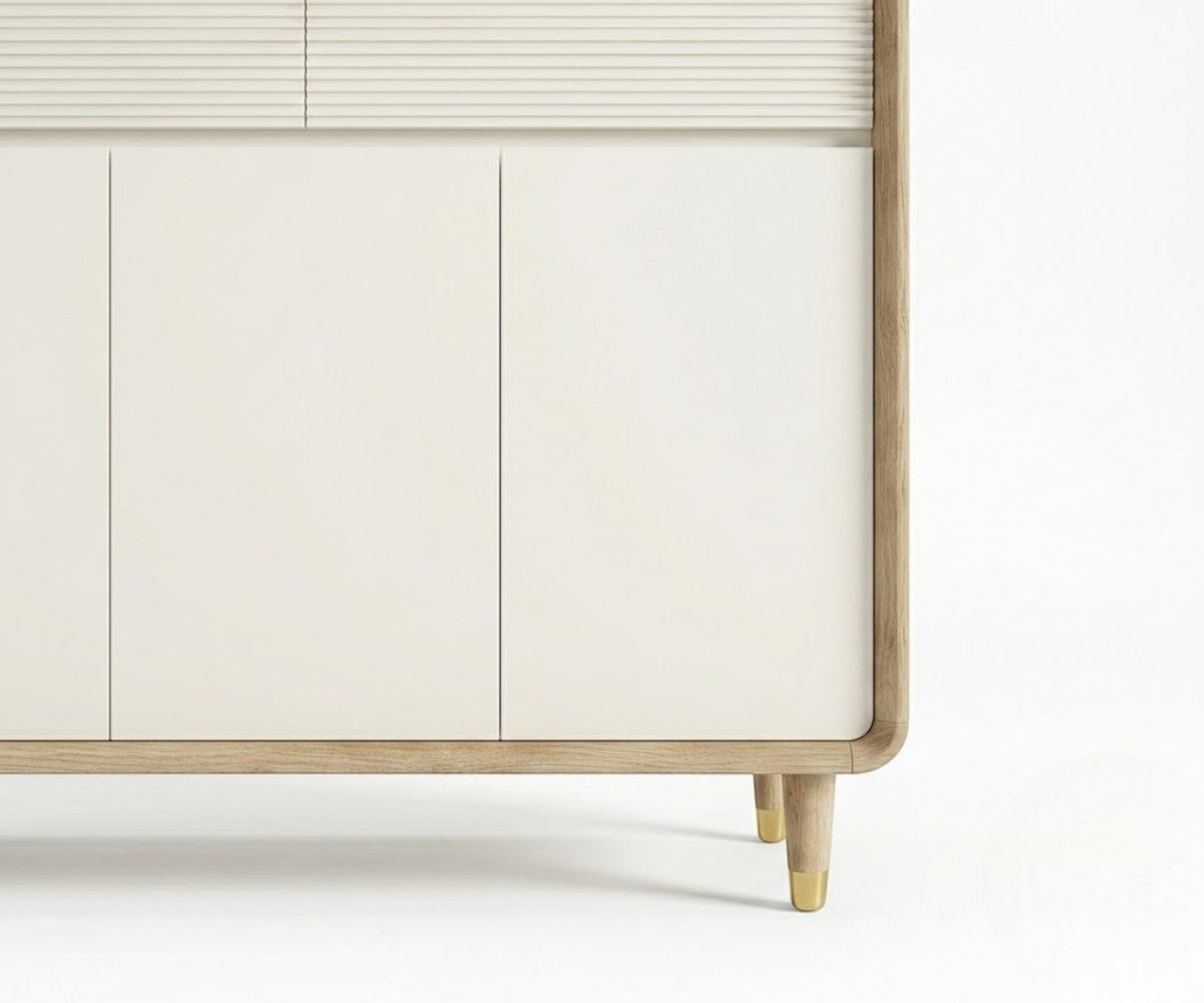 #572 white minimalist cabinet in a warm-lit hallway with a table lamp