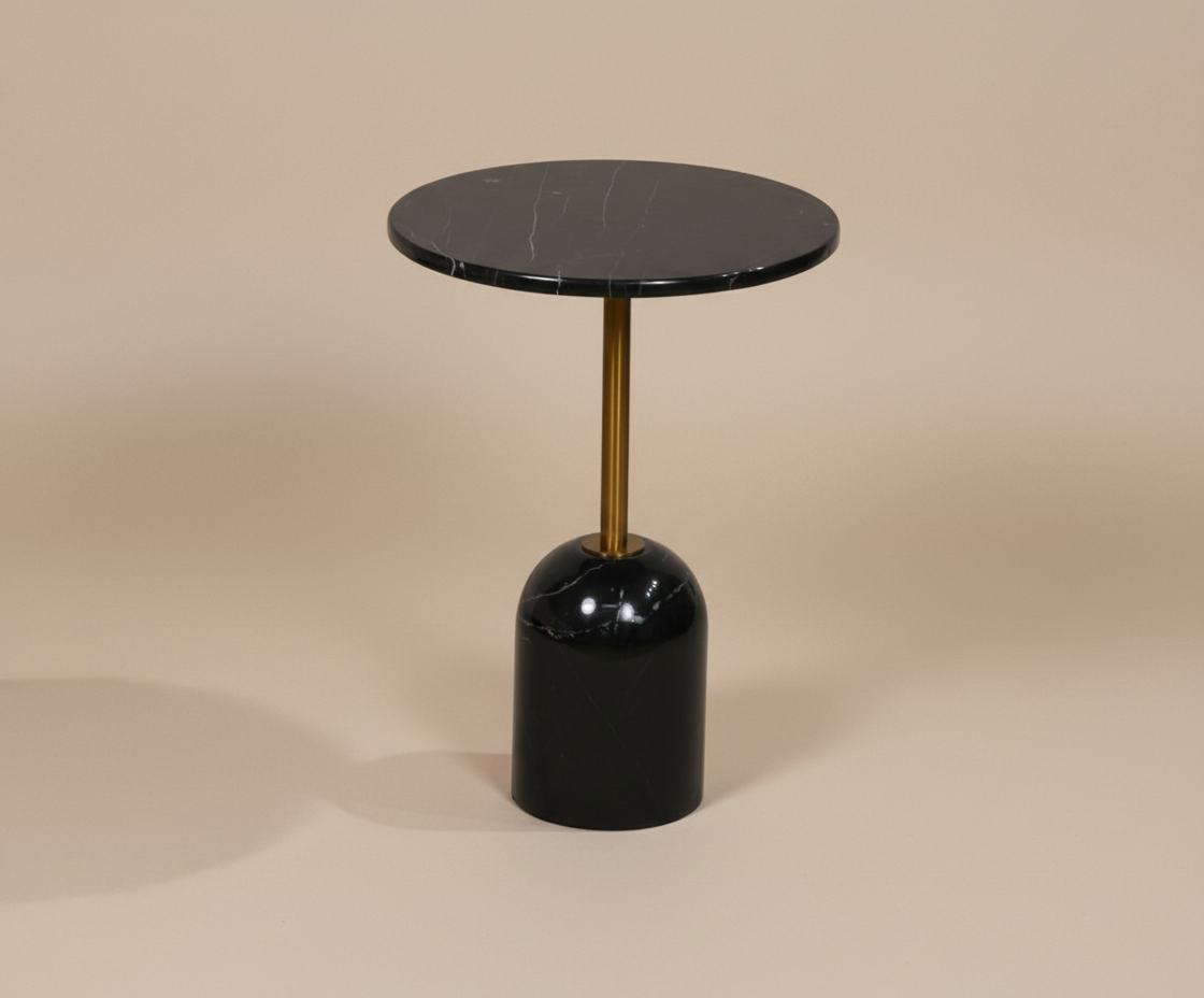 580# black wooden table, front view with a black marble top on a domed base