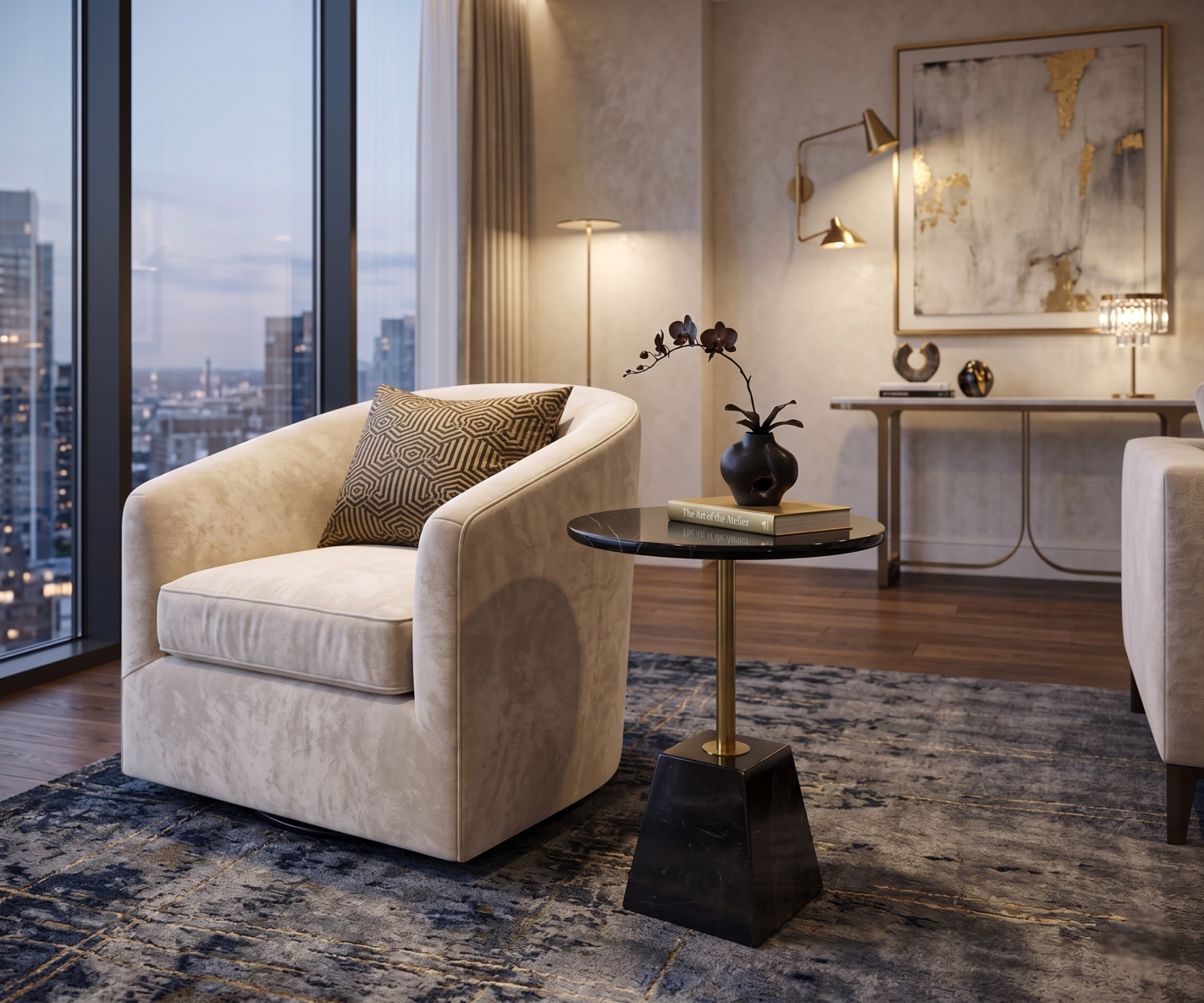 589# black gold table beside an armchair in a city-view living room