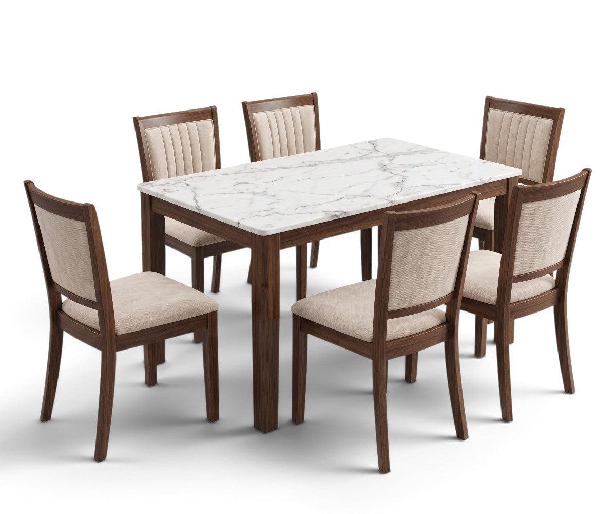 White marble-effect dining table with six beige upholstered chairs and brown wood-grain frames.