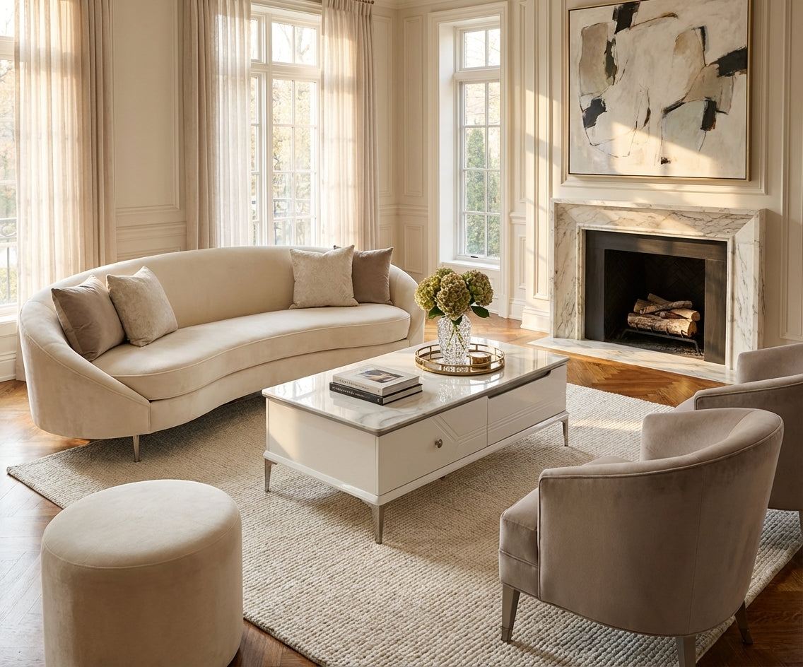 63-130 marble chrome table in a bright panelled room with a fireplace