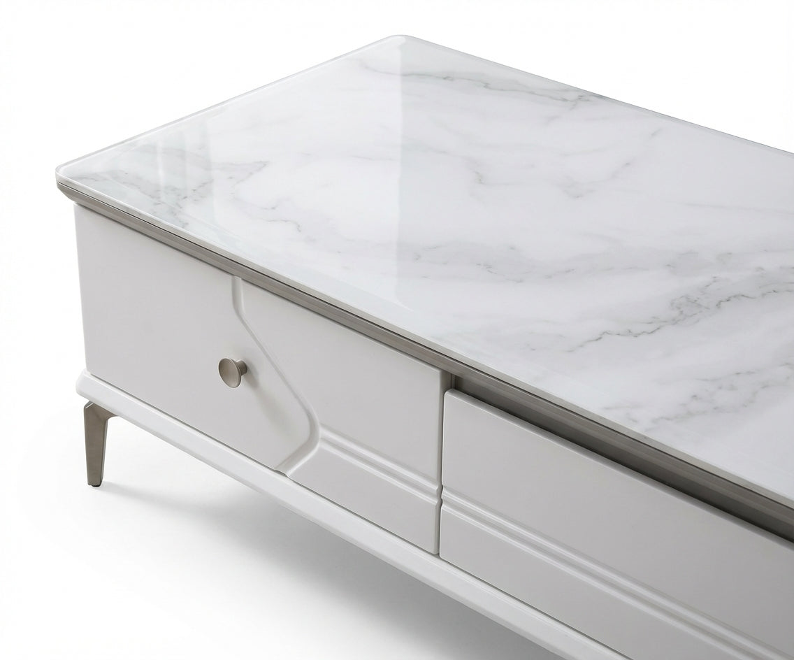 63-130 marble chrome table in a bright panelled room with a fireplace