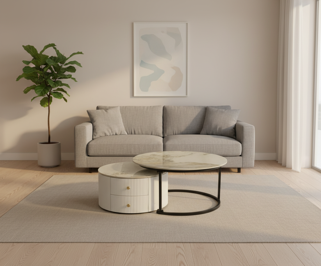 662 marble nesting tables beside a grey sofa in a bright living room