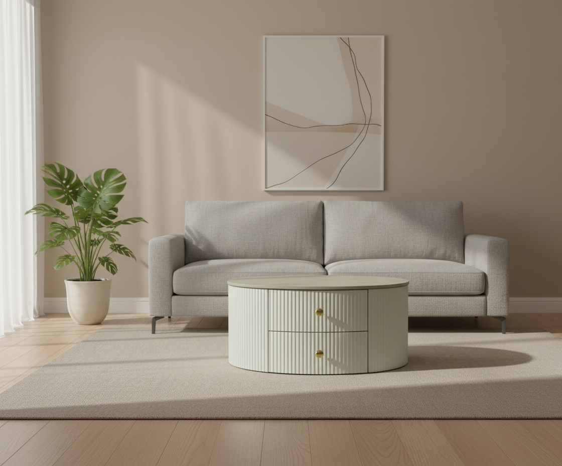 662 marble nesting tables beside a grey sofa in a bright living room