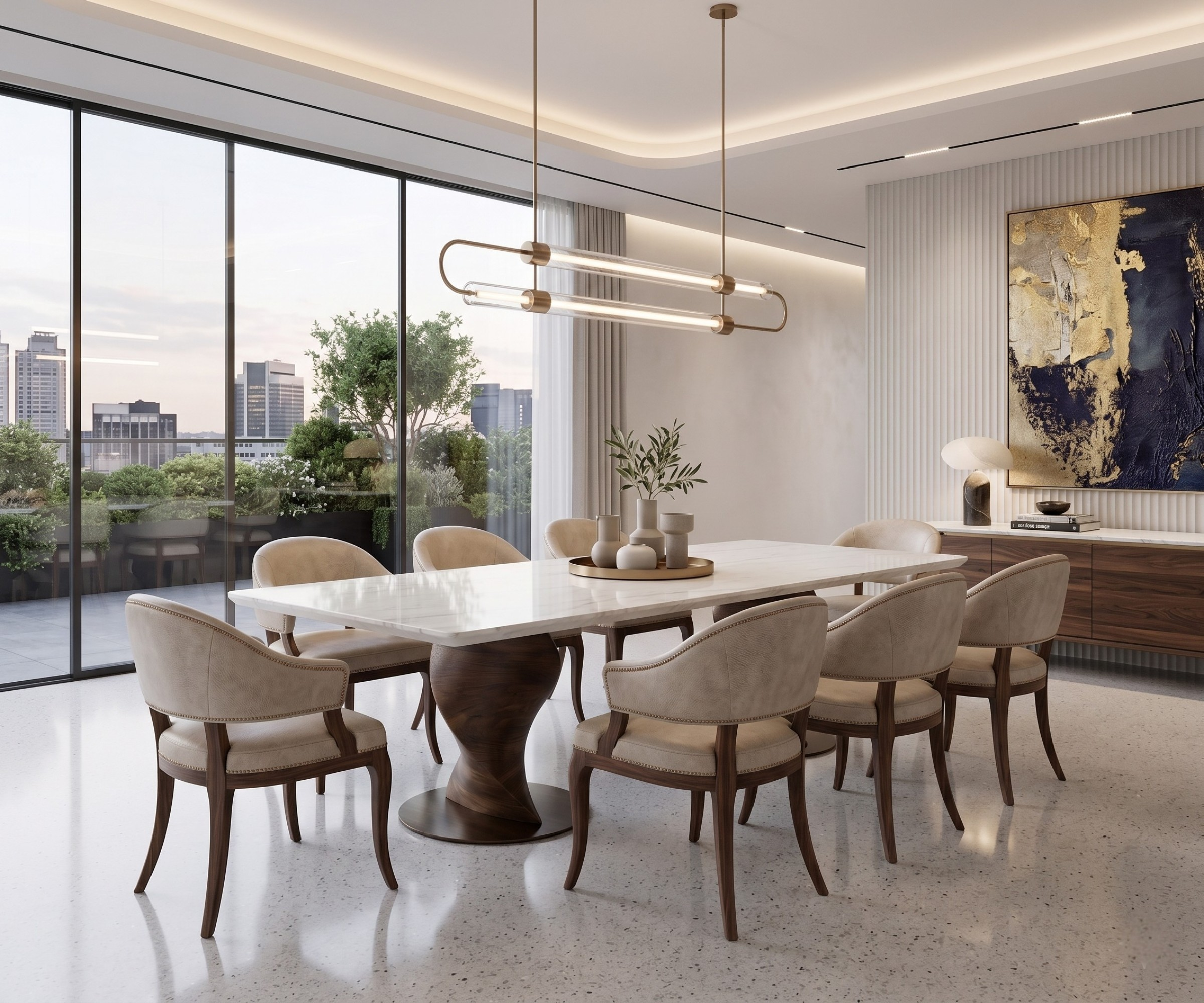 6655/onyx dining table in a bright city-view dining room
