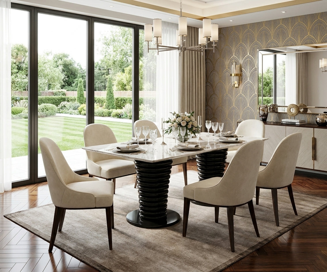 6678 dining table in a bright dining room with six upholstered chairs