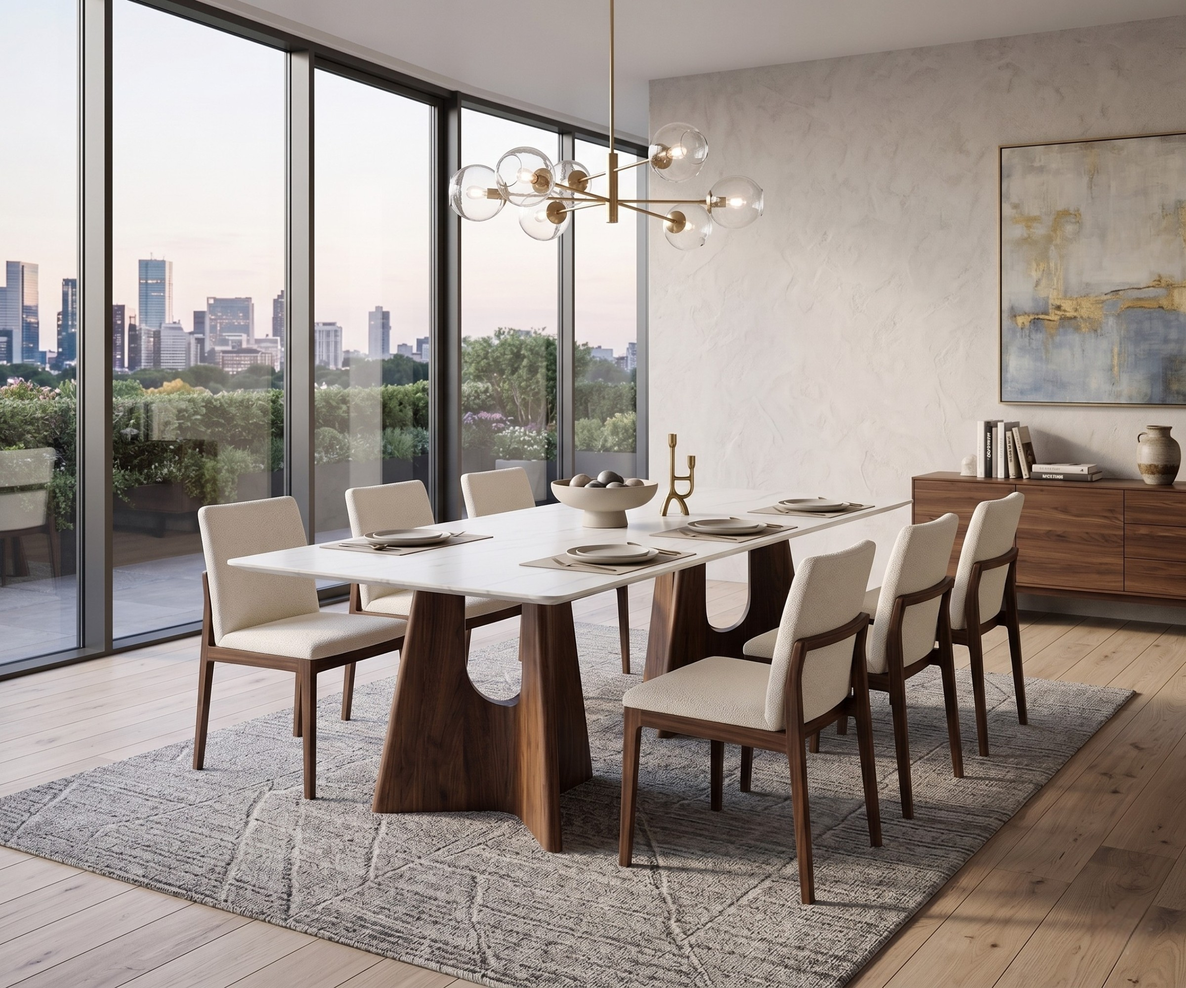 673 Onyx dining table in a city-view dining room at dusk