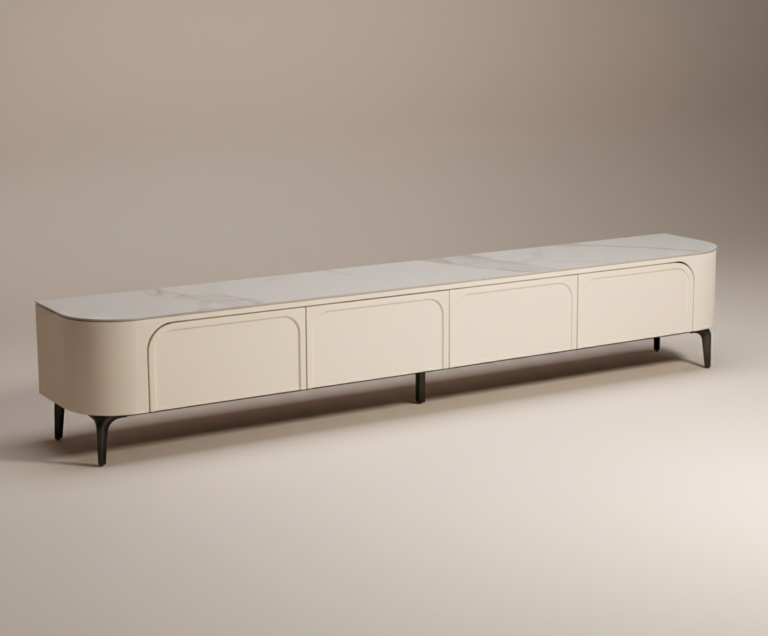 6820# white marble top console, angled view on tapered black legs