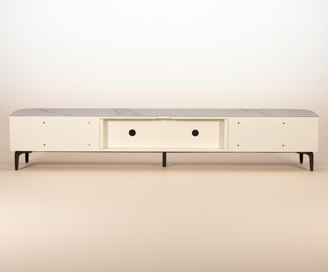 6820# white marble top console, angled view on tapered black legs