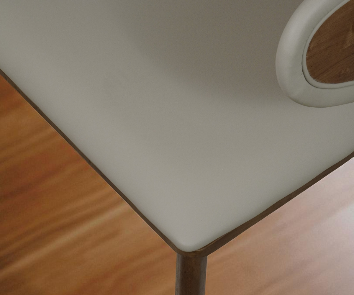 6857 designer dining chair, front view with a ruched back on walnut legs