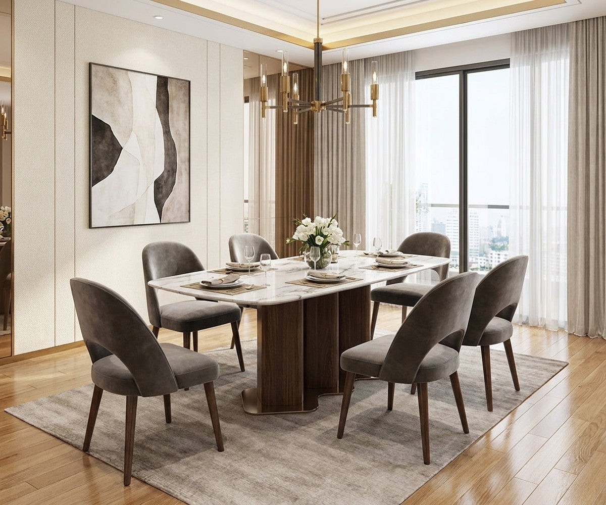 692/2010 dining table in a warm dining room under a brass chandelier
