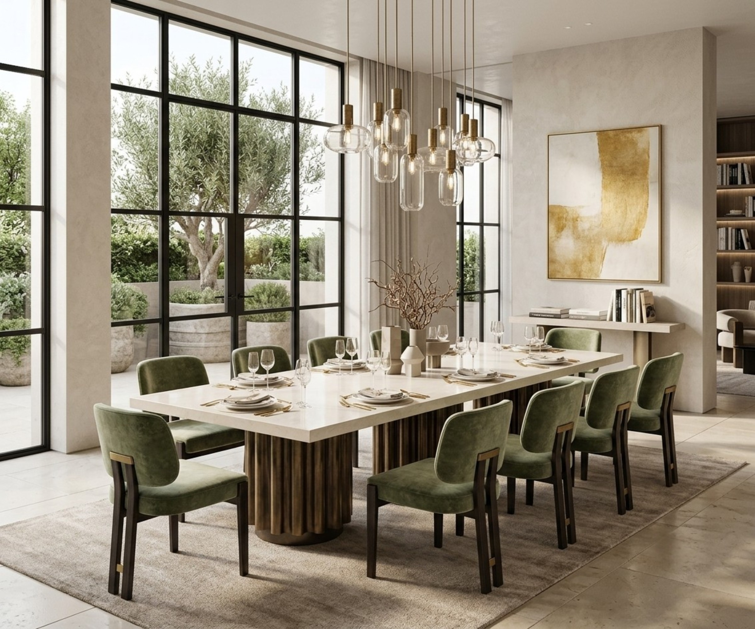 7007 Onyx dining table in a bright dining room with green velvet chairs