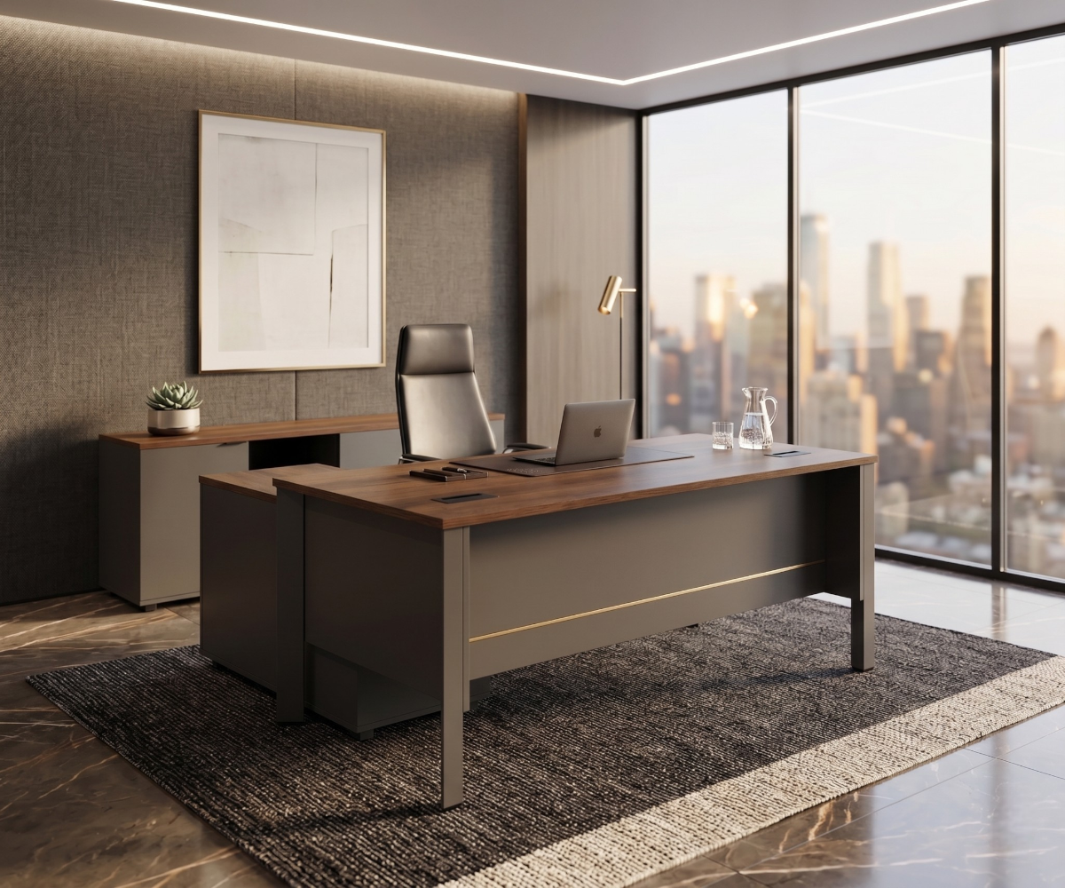 7016B executive L-shaped desk in a bright office with a city view