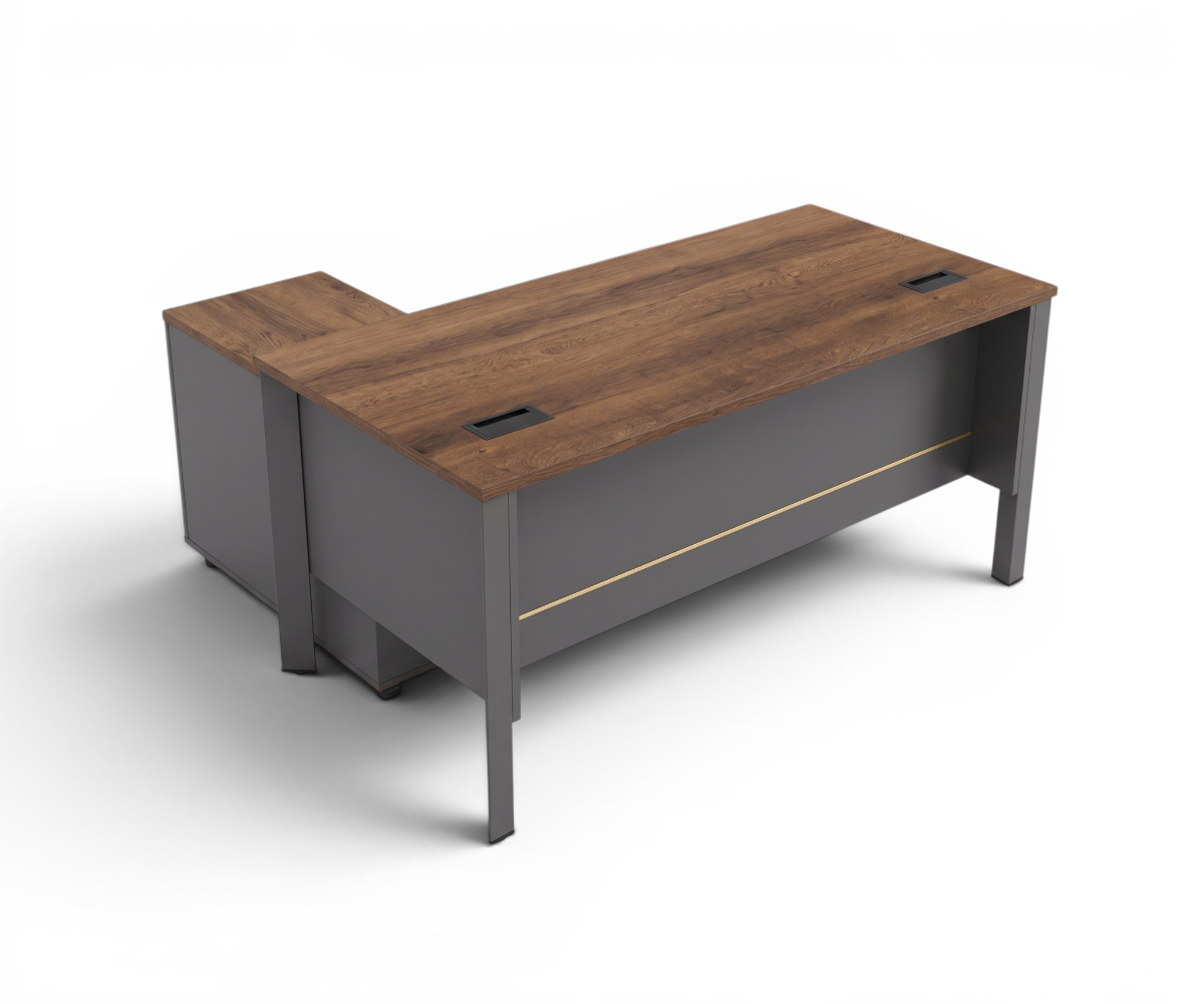 7016B executive L-shaped desk in a bright office with a city view