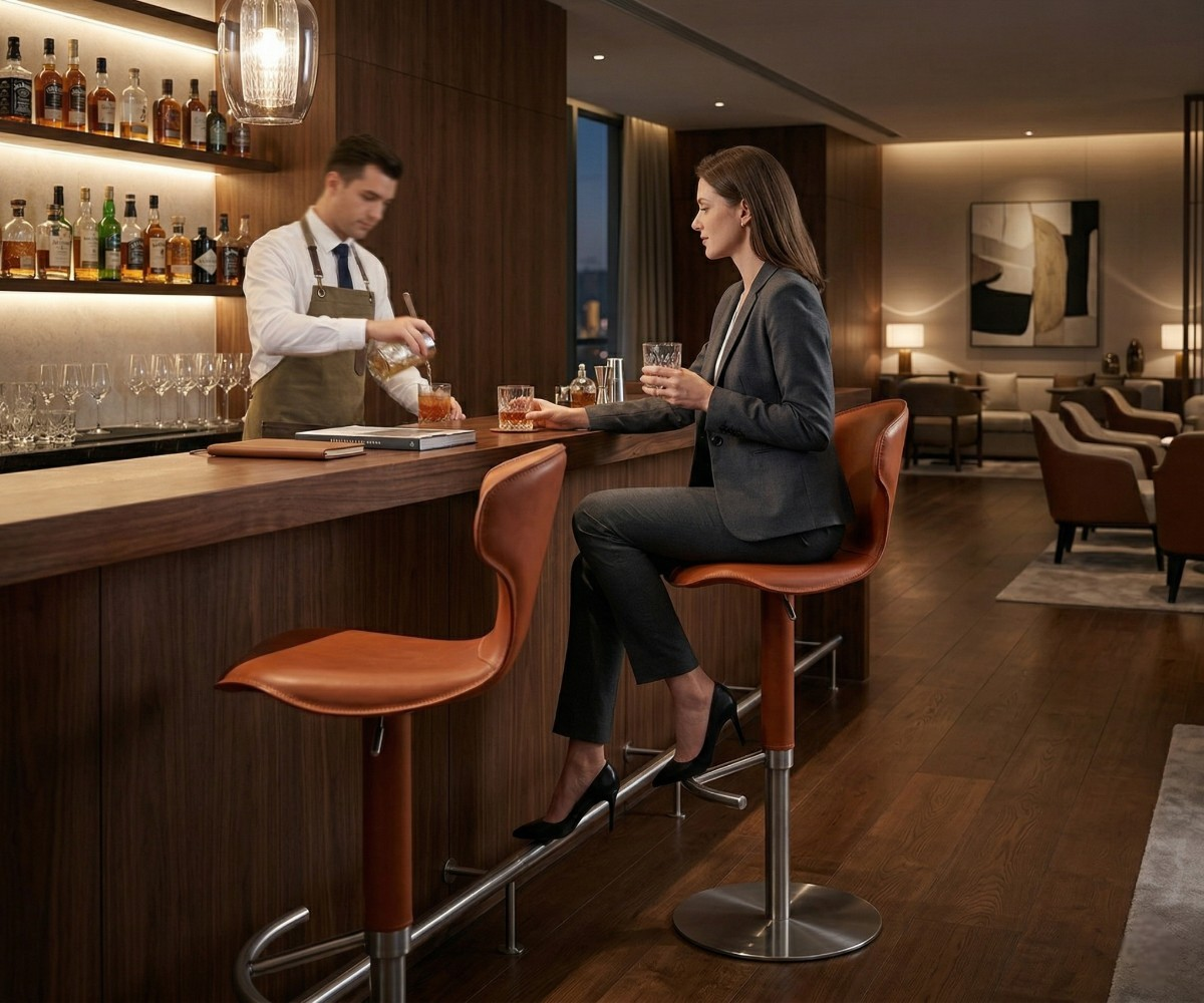 7086 bar chair at a walnut bar counter in a hotel lounge