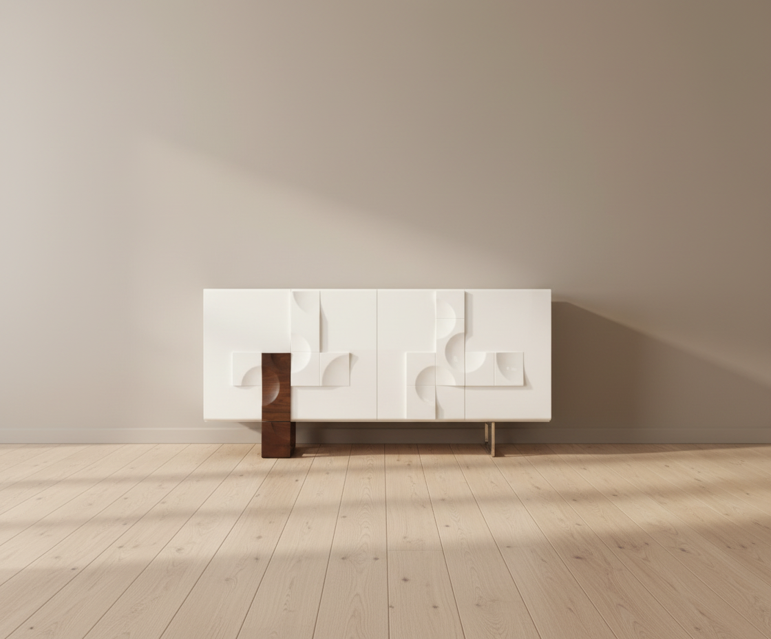 710 modern white cabinet with a sculpted relief front in a bright room
