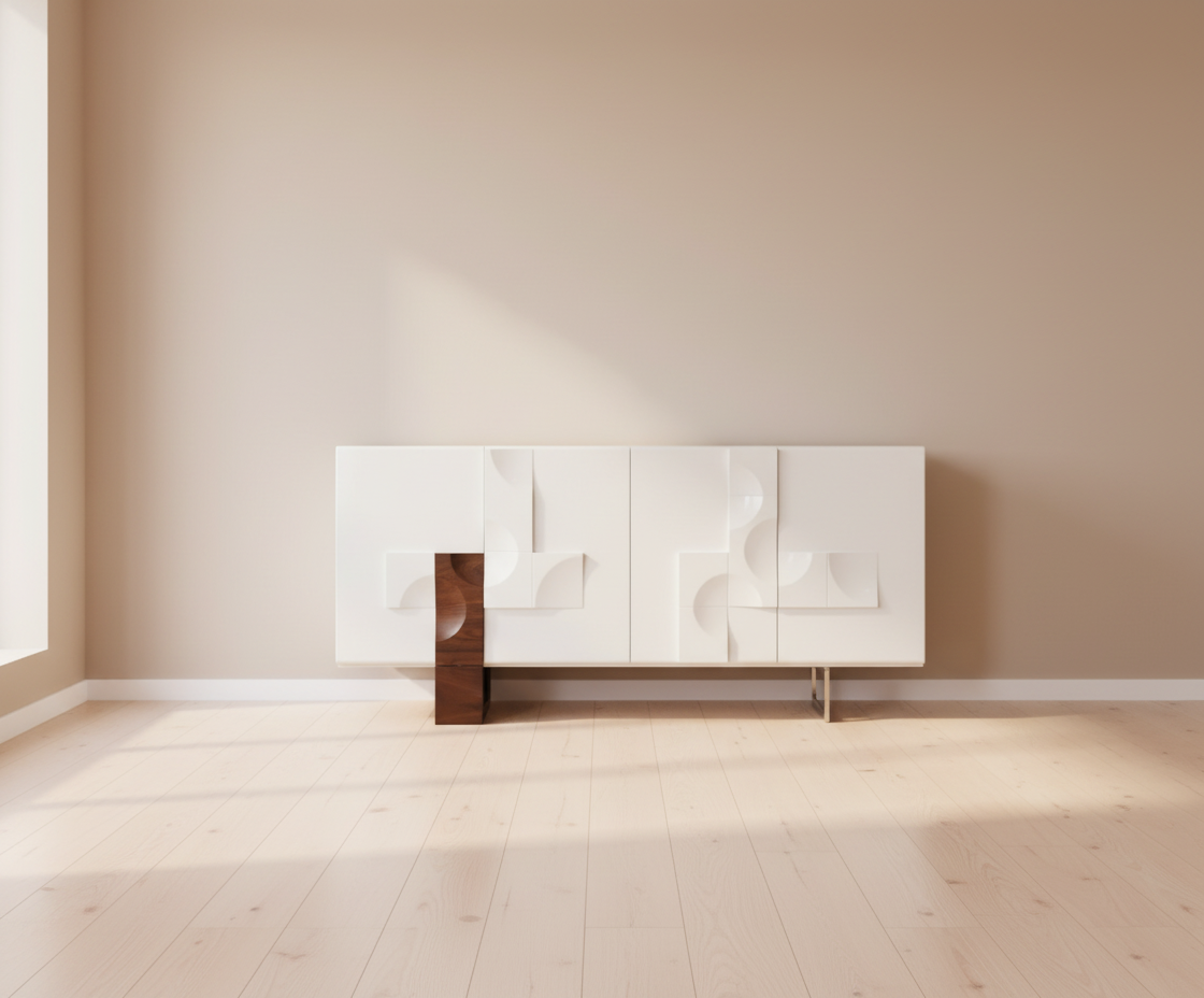 710 modern white cabinet with a sculpted relief front in a bright room
