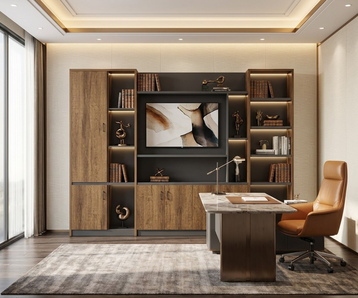 7132 walnut storage wall with backlit shelving around a media panel