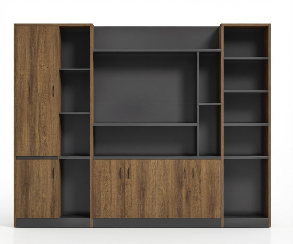 7132 walnut storage wall with backlit shelving around a media panel