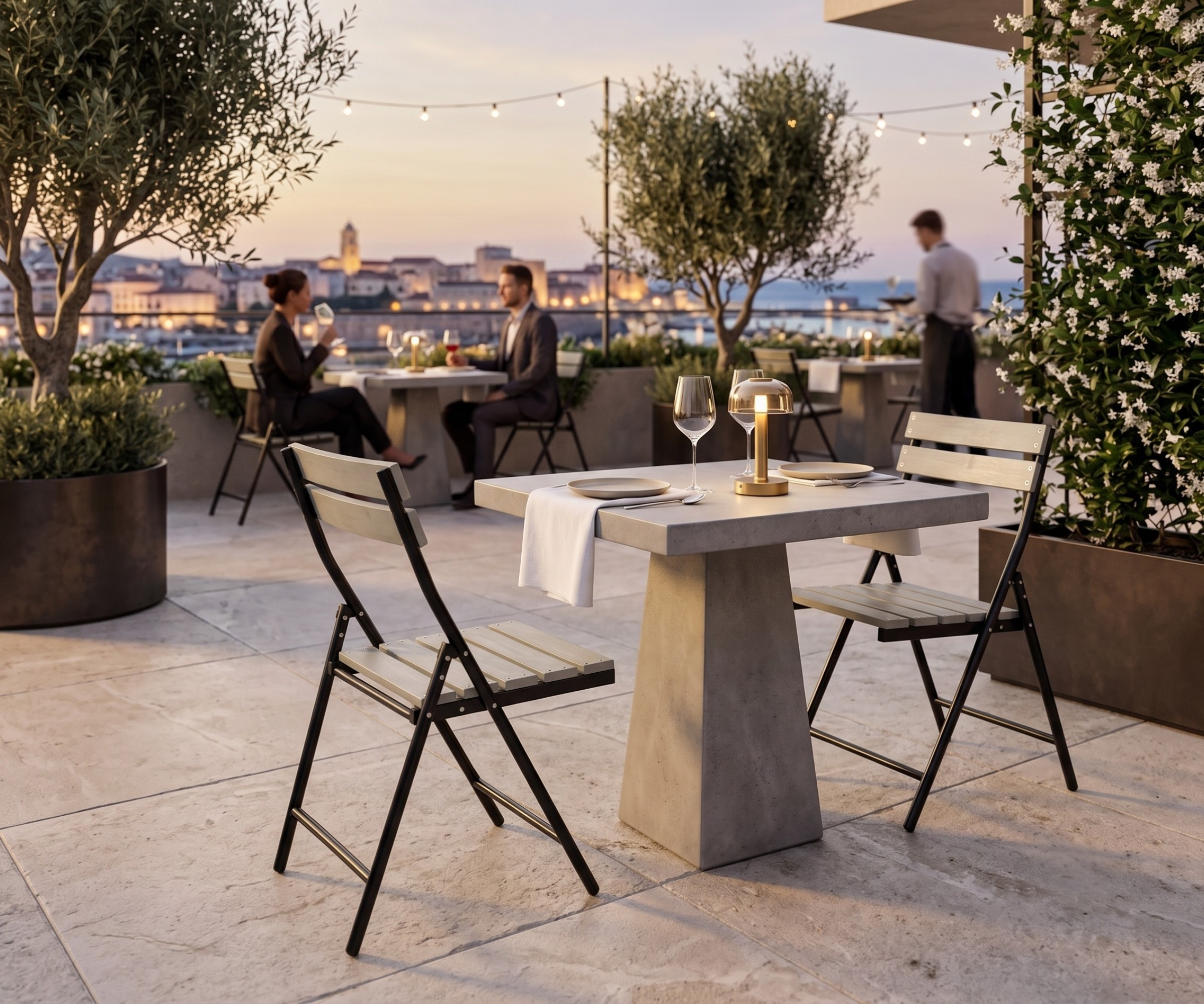 722 garden chair, folding chairs at a stone table on a sunset terrace