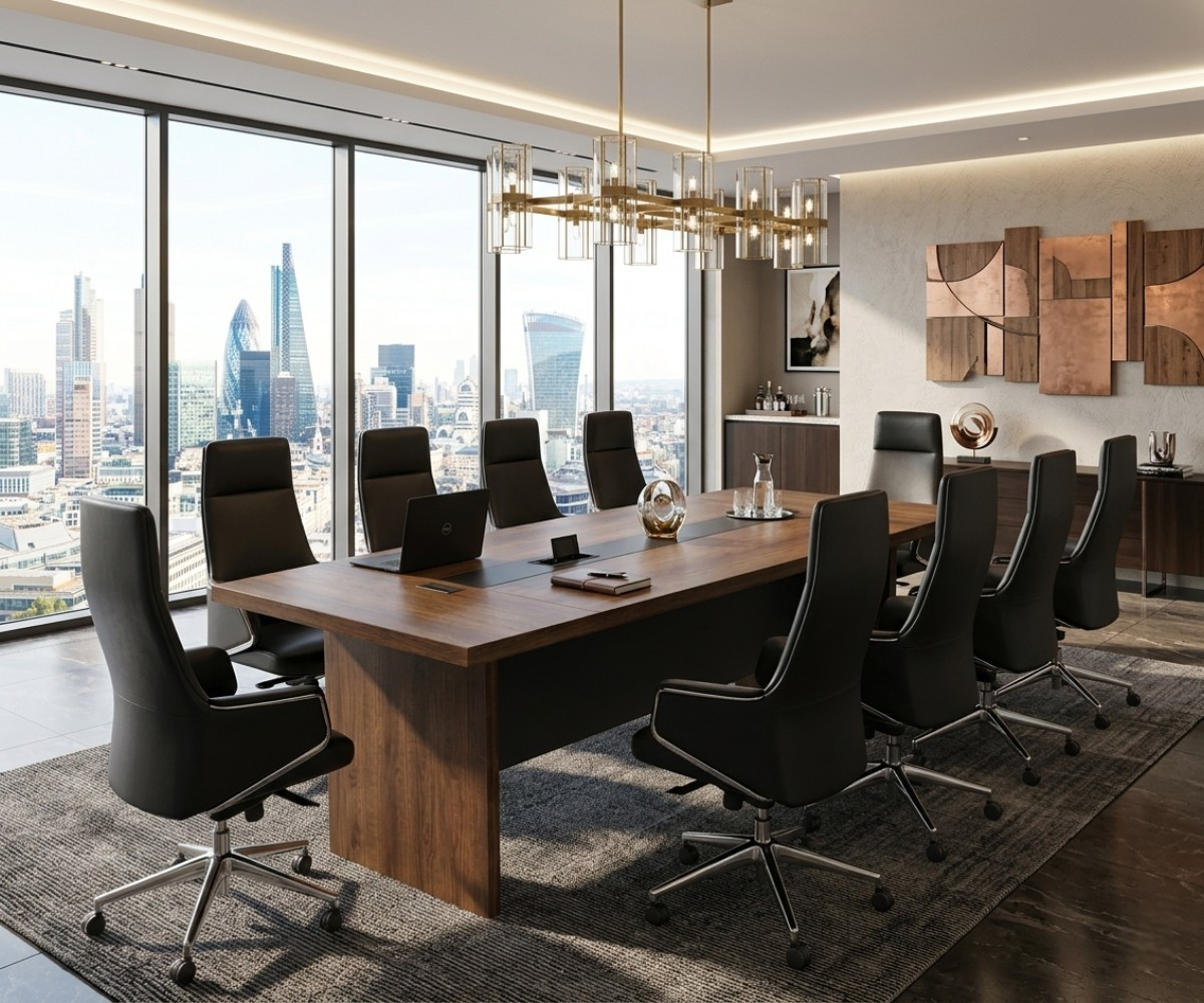 7542 executive boardroom table with twelve chairs in a city-view boardroom
